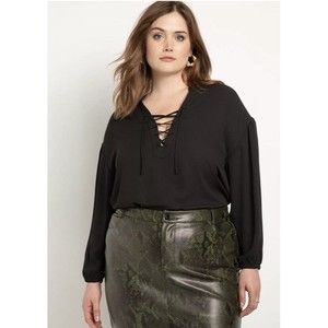 NEW!  Eloquii Size 18 Black Lace-Up Neckline Puff Sleeve Tunic Top